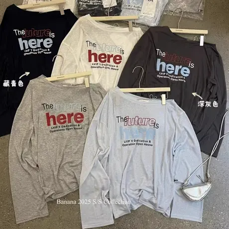 韩国东大门夏季新款时髦字母印花薄款防晒长袖斜领露肩T恤女上衣商品大图