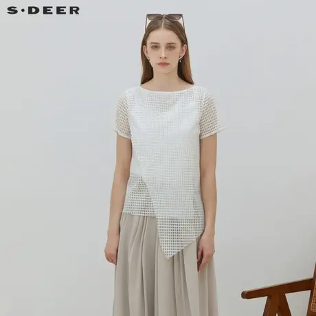sdeer圣迪奥女装圆领镂空格子不规则短袖T恤S23260119商品大图