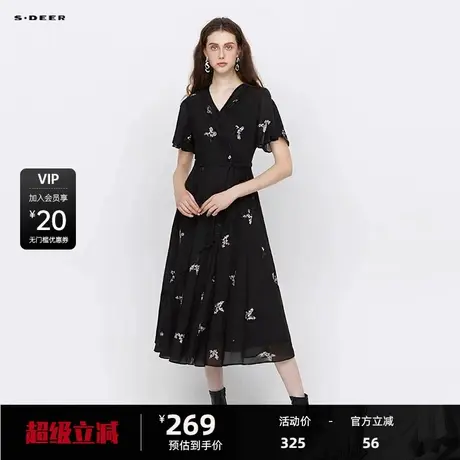 【新品上新】sdeer圣迪奥女装V领风琴褶绣花收腰连衣裙S242Z12R3商品大图