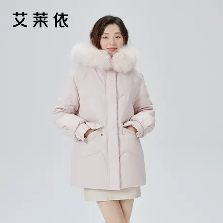 艾莱依毛领羽绒服女2023新款连帽短款鸭绒轻奢时尚H版型冬季外套图片