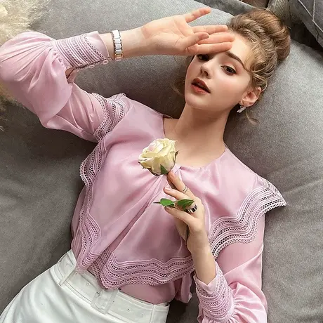 粉红大布娃娃蝴蝶结衬衫女2022春季新款灯笼袖衬衣设计感长袖上衣图片