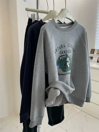 复古加绒圆领休闲卫衣女！秋冬加厚宽松显瘦卡通减龄套头上衣外套商品大图