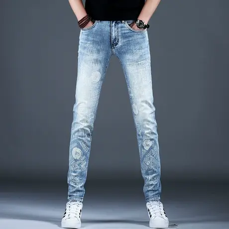 欧洲站男士个性牛仔裤子男款2024新款修身印花小脚裤美式高街高端商品大图