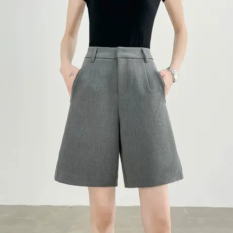 灰色休闲西装短裤女夏季薄款高腰宽松显瘦百搭阔腿a字五分中裤子图片