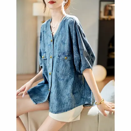 宝诗黎韩系V领提花牛仔衬衫女2025夏季五分袖洋气百搭宽松衬衣潮商品大图