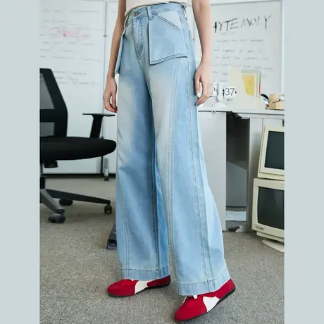 a02高腰浅色小众设计贴补口袋直筒裤2025夏季休闲显瘦女式牛仔裤商品大图