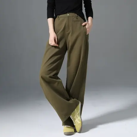 绿色高腰阔腿牛仔裤女2025新款春秋香蕉弯刀镰刀工装裤休闲直筒裤图片