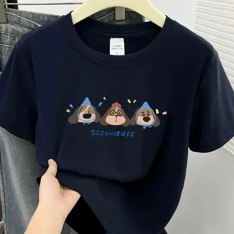 夏季2025年韩版藏蓝色短袖t恤女纯棉正肩显瘦体恤上衣小个子ins潮商品大图