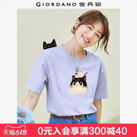 佐丹奴联名t恤女夏季新款纯棉漫画风猫咪印花短袖上衣女99394131图片