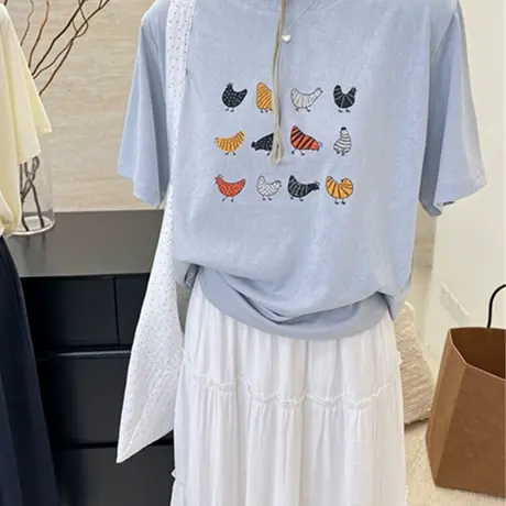 蓝色小鸡印花雪花棉t恤女夏季正肩短袖慵懒风松弛感半袖独特上衣商品大图