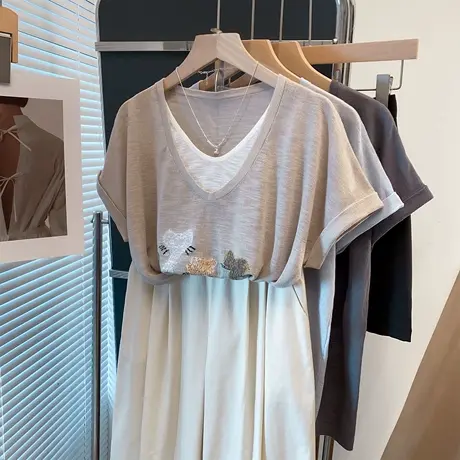 v领假两件落肩针织衫女2025夏装新款宽松慵懒风上衣薄短袖t恤衫潮图片