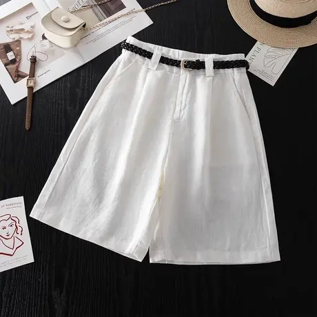 拉夏贝尔白色棉麻短裤女夏薄款2025新款高腰宽松亚麻阔腿裤五分裤图片