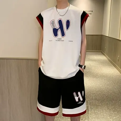 冰丝无袖T恤男夏季新款运动套装美式休闲坎肩背心宽松健身两件套图片