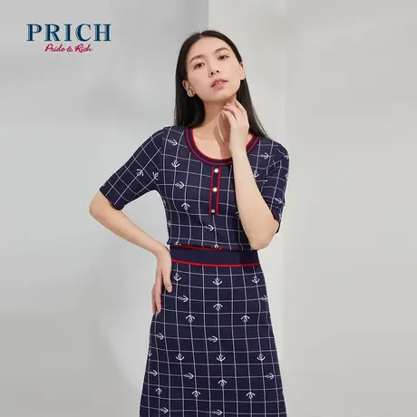 【直播专享】PRICH连衣裙短袖收腰显瘦简约通勤中长款针织裙子女商品大图