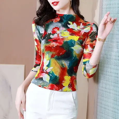 半高领长袖打底衫女士内搭2024春秋新款修身网纱T恤气质时尚上衣商品大图