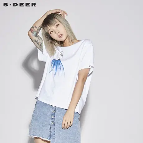 sdeer圣迪奥2019新款女装夏装套头圆领人物晕染短袖T恤S18280176图片