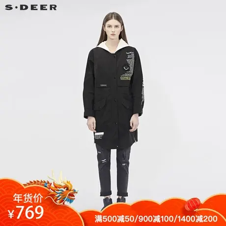 sdeer圣迪奥女宽松休闲连帽撞色字母假两件拼接长款外套S19181809图片