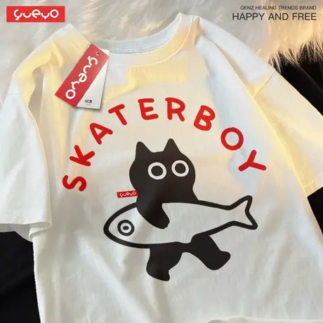 悦游 滑板男孩 夏季猫咪滑水冲浪落肩短袖T恤男纯棉潮流运动商品大图