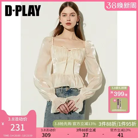 DPLAY2025春季气质米白色小衫女方领复古蝴蝶结缎面衬衫上衣短袖商品大图