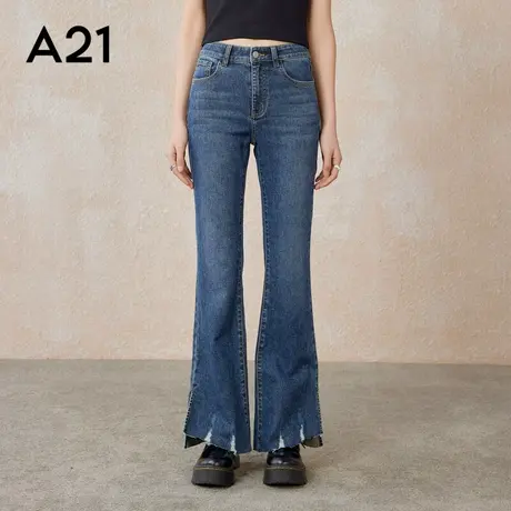 A21女装合体弹力高腰喇叭牛仔九分裤春夏款开叉蓝色休闲微喇裤商品大图