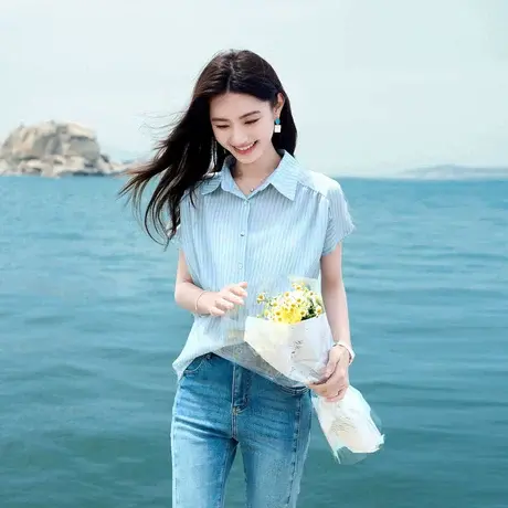 时尚气质衬衫2024年夏季新款女通勤清新百搭条纹宽松减龄开衫上衣商品大图