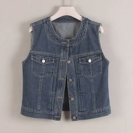 牛仔马甲女背心短款2025春秋新款无袖休闲小外搭修身圆领坎肩深蓝商品大图