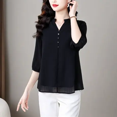 时尚雪纺衬衫女中袖夏季新款气质v领宽松遮显瘦洋气妈妈上衣薄款图片