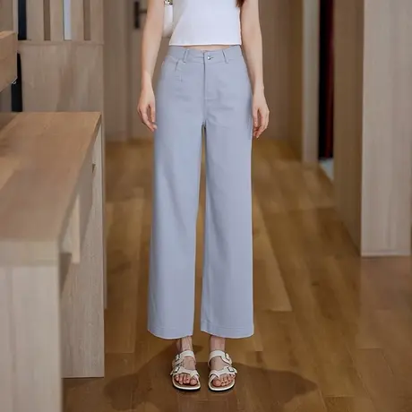 夏款蓝色天丝棉九分直筒裤女高腰显瘦弹力舒适轻薄凉爽窄版阔腿裤商品大图