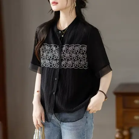 雪纺衬衫女短袖夏季新款加大码女装宽松中年妈妈文艺刺绣小衫上衣图片