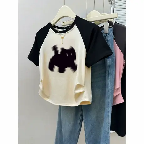 小个子短款正肩短袖T恤女夏装2025新款爆款宽松显瘦撞色半袖上衣商品大图