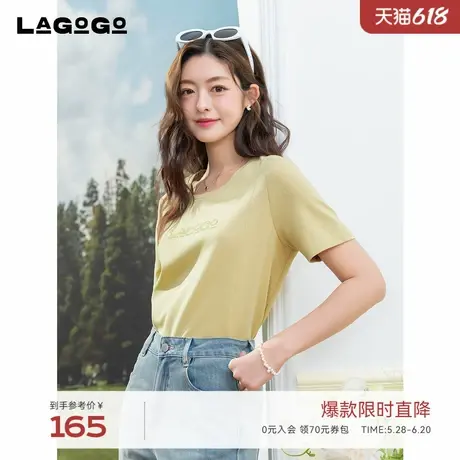 LAGOGO刺绣拼接浅绿色T恤女拉谷谷2025年夏季新款通勤宽松短袖商品大图