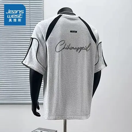 G2真维斯男装宽松上衣 2025春季新款重磅纯棉插肩撞色拼接短袖T恤商品大图