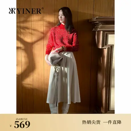 【中国红】YINER音儿专选2025春季新款时尚亮丝半高领针织衫套头商品大图