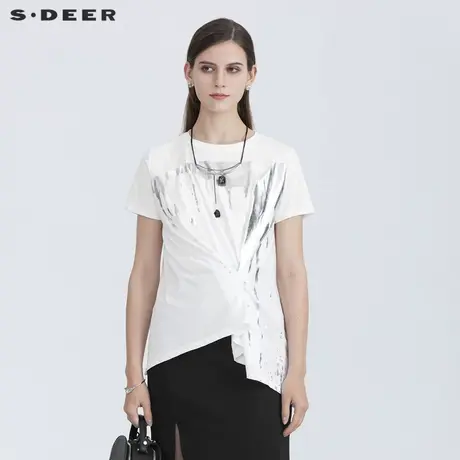 【直播间专属】sdeer圣迪奥休闲圆领胶印不规则短袖T恤S21280106商品大图