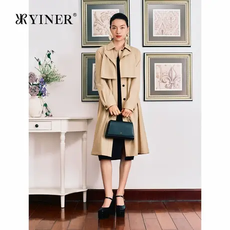 【丝光美丽诺羊毛】YINER音儿秋季抽绳收腰A版卡其色风衣商品大图