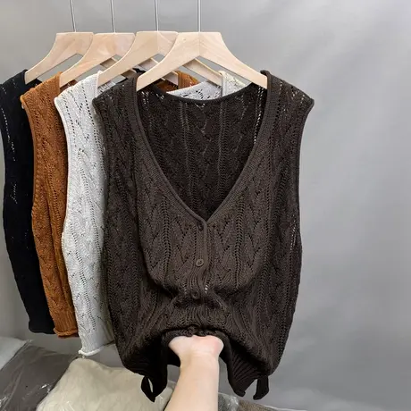 镂空针织马甲背心女叠穿V领宽松无袖外搭坎肩毛线马夹2024年新款商品大图