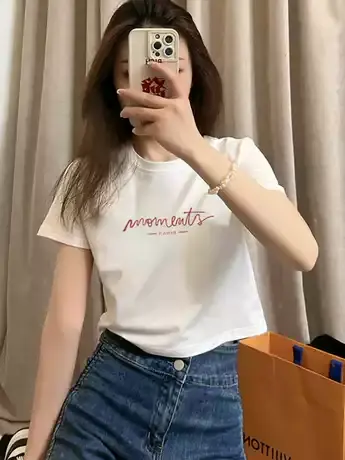 2025年新款夏季白色显瘦宽松短袖纯棉上衣女辣妹高腰露脐短款T恤图片