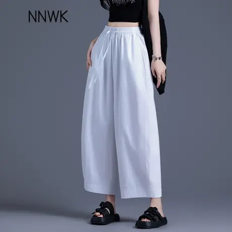 白色裤子女夏薄款2025新款松紧腰宽松气球裤九分休闲裤阔腿弯刀裤商品大图