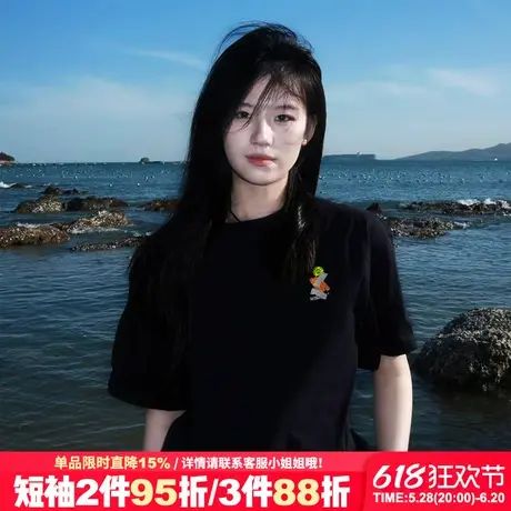 超火ins风设计感街头潮牌黑色正肩t恤女短袖2025新款宽松显瘦上衣图片