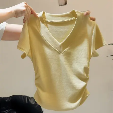 韩系甜辣妹V领正肩短袖T恤女夏季小个子短款修身打底衫韩版上衣潮商品大图