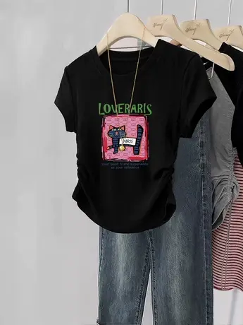 黑色正肩t恤女短款夏季小众修身褶皱飞飞袖百搭上衣ins潮闺蜜短袖商品大图