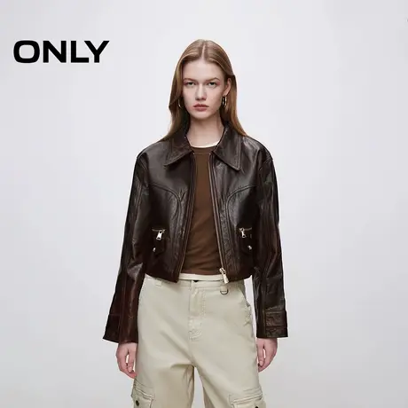 ONLY秋冬复古潮酷翻领金属长袖短款皮衣外套女|124310019图片