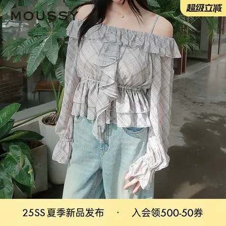 moussy 2025早秋新品甜美荷叶边露肩格子长袖衬衫女028IAA30-1006商品大图