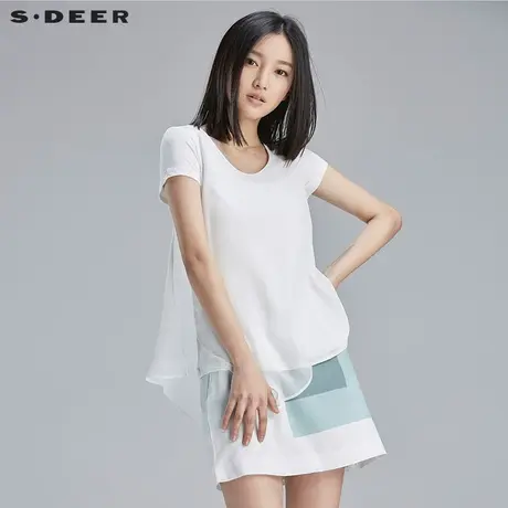 sdeer圣迪奥女装夏装设计感清透雪纺拼接不规则上衣T恤S16280112图片