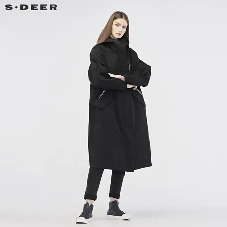 sdeer圣迪奥2019秋装女装抽绳收腰长款连帽H型风衣外套S19181807图片