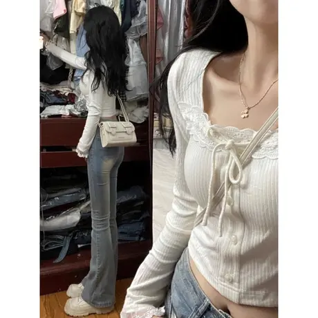 甜辣妹纯欲风长袖T恤女春季修身韩版蕾丝拼接短款露脐方领上衣潮商品大图