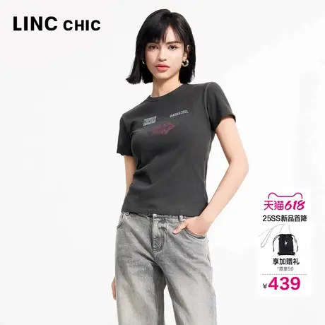 LINCCHIC金羽杰2025年夏季新款印花短袖洗褪做旧感圆领半袖T恤女商品大图