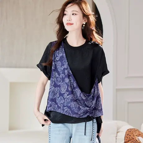 宝诗黎假两件印花拼接T恤女2025夏季洋气百搭设计感休闲短袖上衣图片