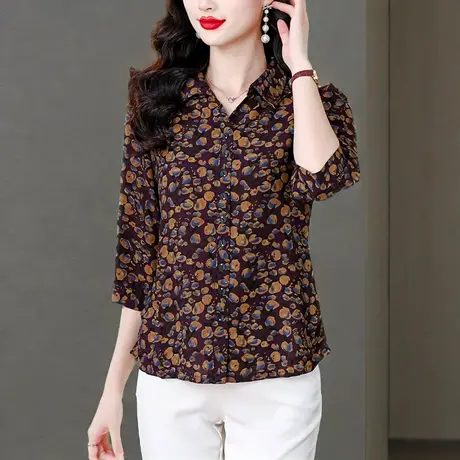 时尚印花七分袖雪纺衬衫女夏季新款洋气减龄宽松遮肉显瘦妈妈上衣图片