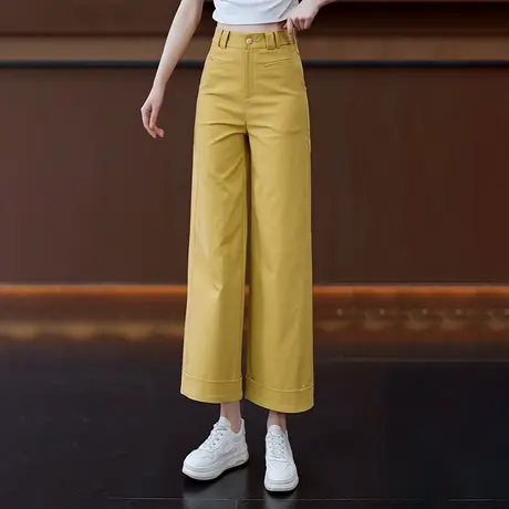 黄色天丝棉窄版直筒休闲裤女夏季新款高腰显瘦九分裤小个子阔腿裤商品大图